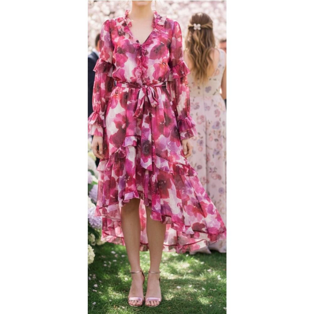NWT MARCHESA ROSA DRESS PINK WEDDING GUEST FLORAL ASYMMETRIC MAXI SPRING FORMAL